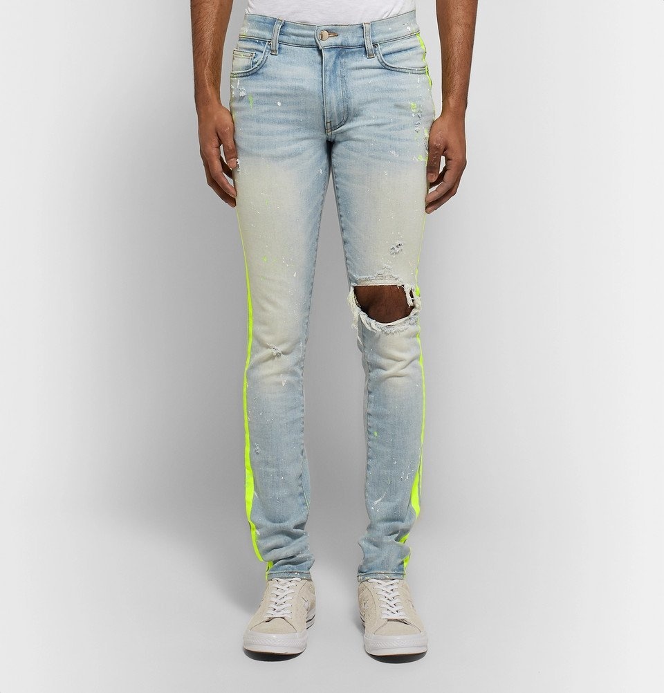 AMIRI - Broken Painter Skinny-Fit Neon-Striped Distressed Stretch-Denim Jeans - blue