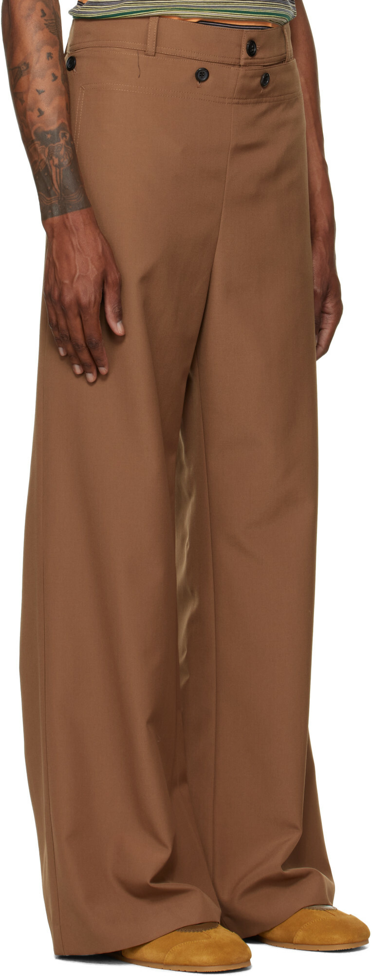 Marni Brown Technical Wool Buttoned Flap Trousers