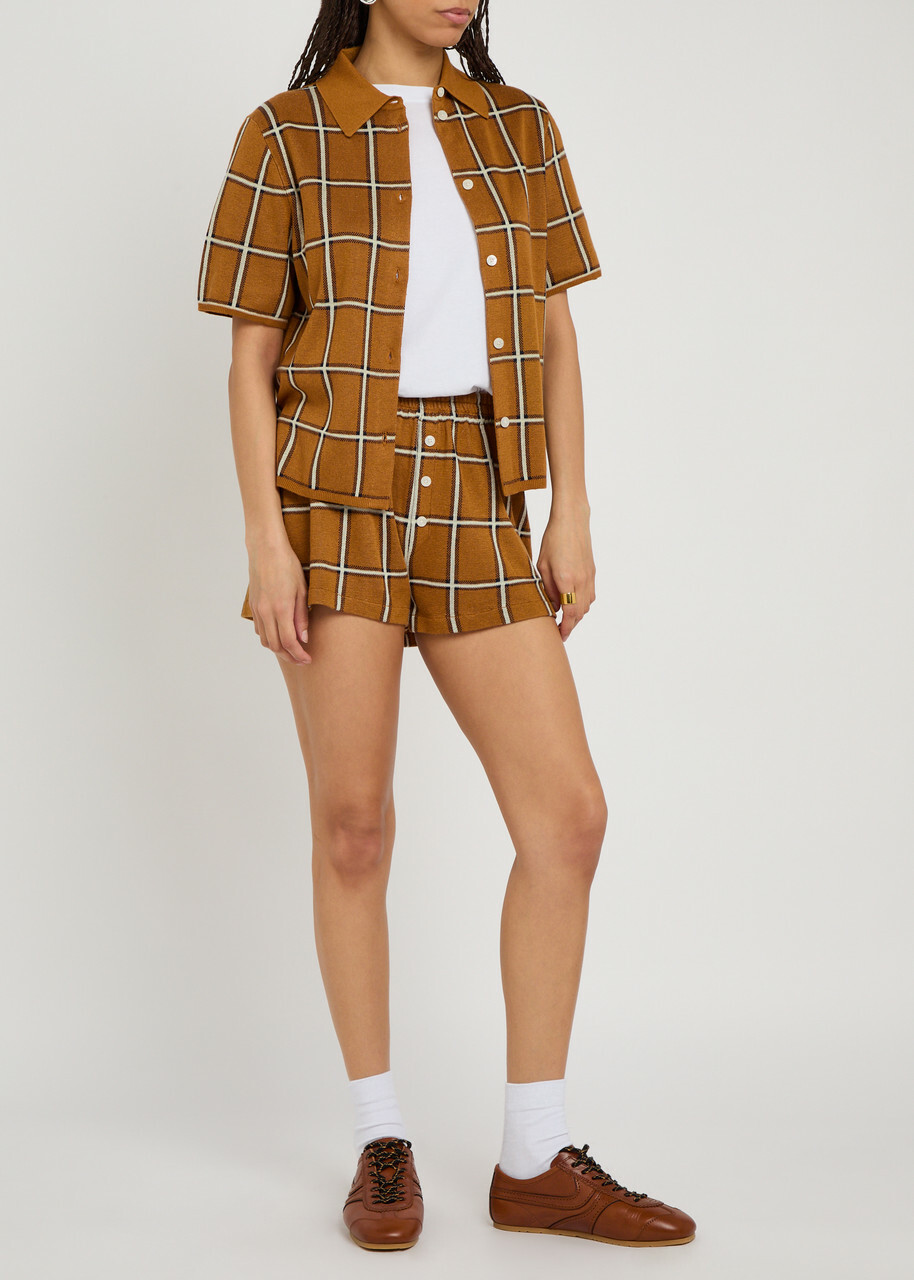 Guest In Residence Picnic Plaid Silk and Linen-blend Shorts Brown