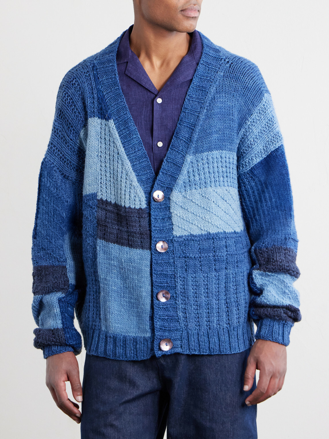Kartik Research - Patchwork Cable-Knit Wool Cardigan - Blue