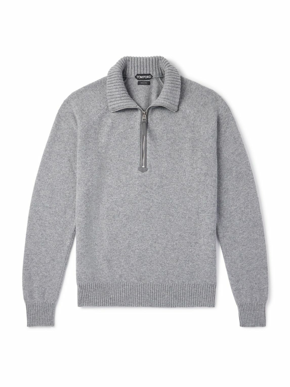 TOM FORD - Leather-Trimmed Wool and Cashmere-Blend Half-Zip Rollneck Sweater - Gray