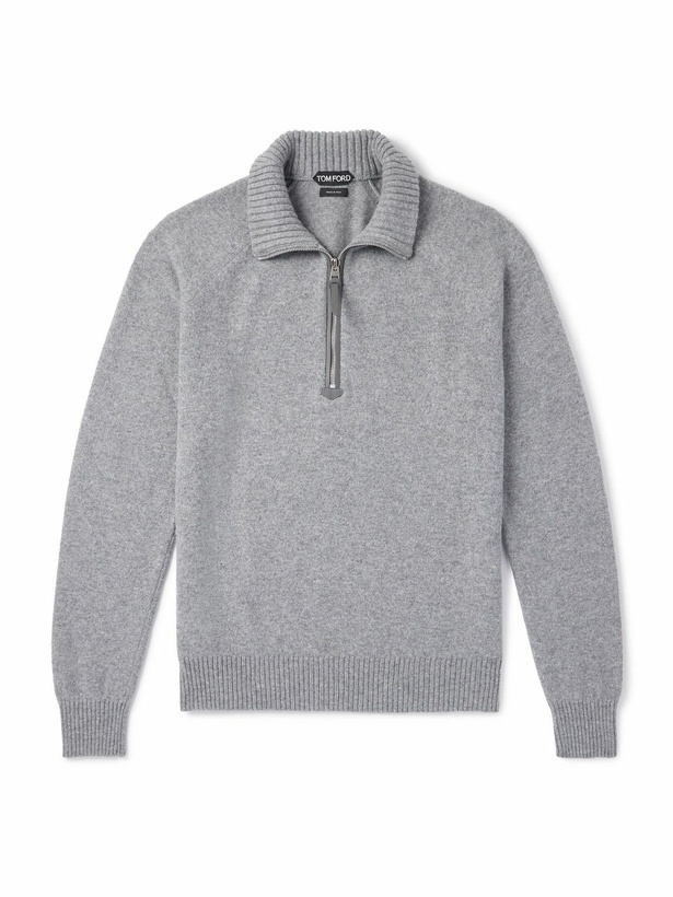 Photo: TOM FORD - Leather-Trimmed Wool and Cashmere-Blend Half-Zip Rollneck Sweater - Gray
