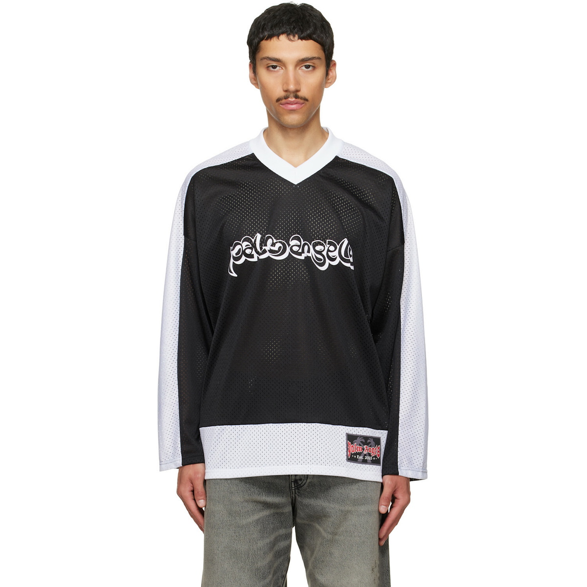 Palm Angels Black & White Thai Logo Mesh Loose Long-Sleeved T-shirt