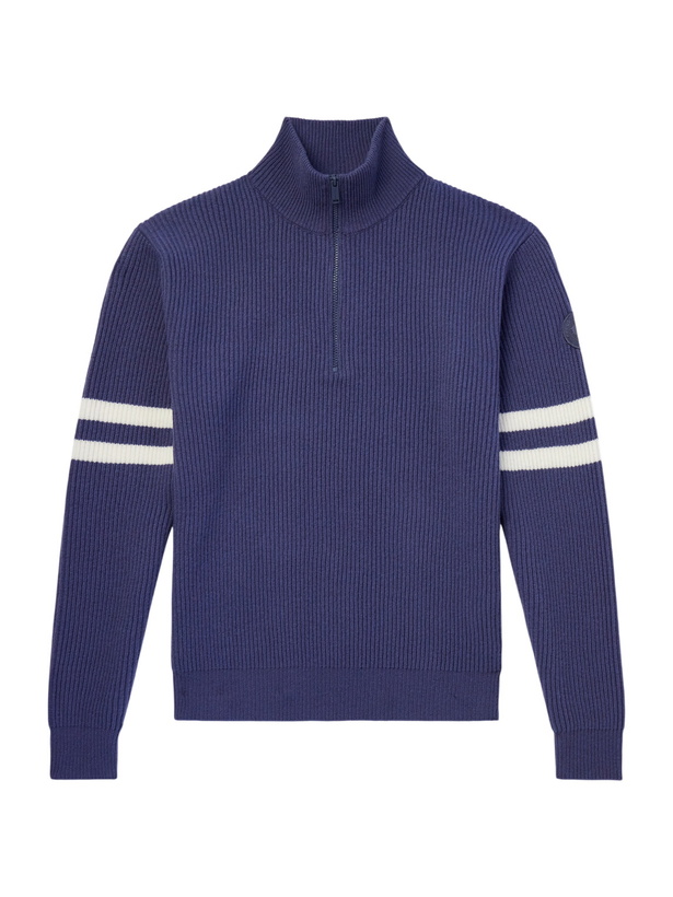 Photo: Canada Goose - McKinney Logo-Appliquéd Striped Ribbed Wool Half-Zip Sweater - Blue