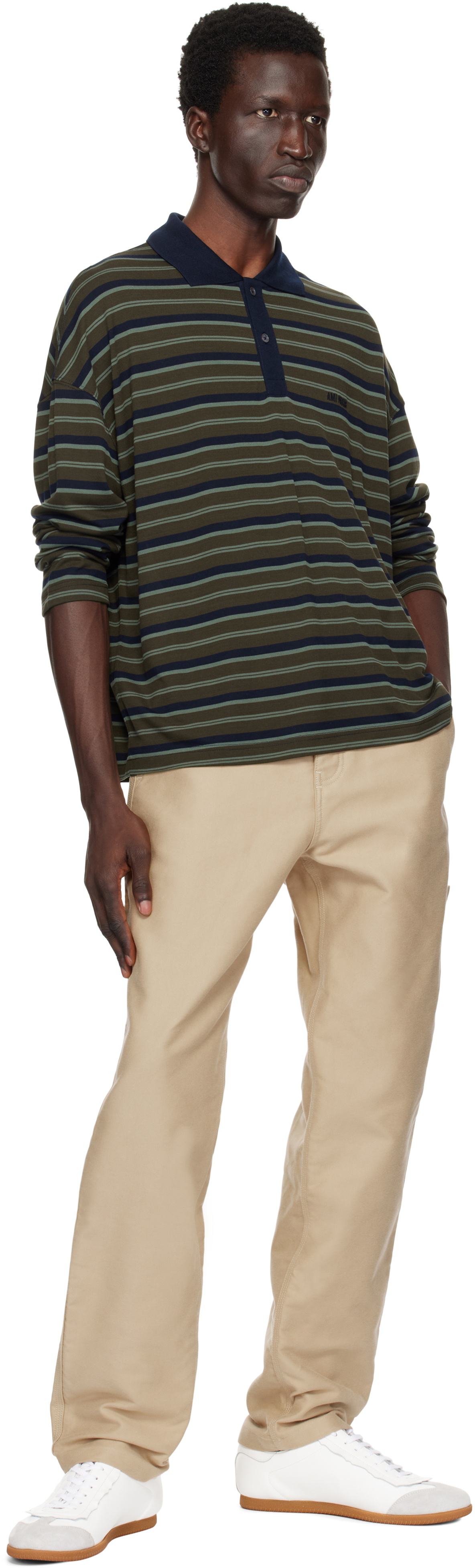 Tシャツ・カットソー Ami Khaki Polo Shirt With Button Placket AMI Paris Khaki Striped Polo AMI