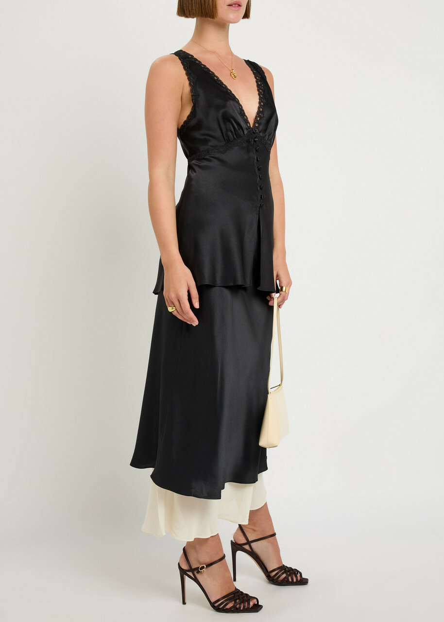 Reformation Marcia Colour-blocked Silk Midi Skirt Black