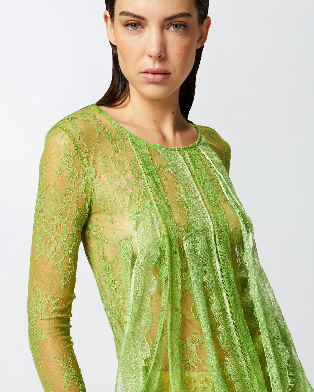 Pinko Slim Fitting Lace Sweater With Fringing Green Spinach