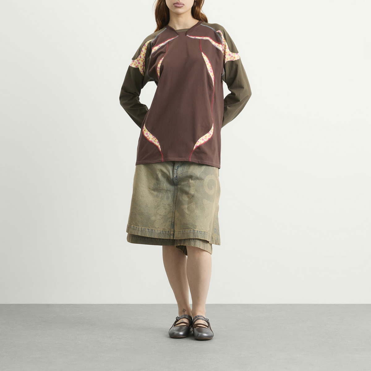 Paolina Russo Women's Sport Jersey Long Sleeve Top in Brown/Flower