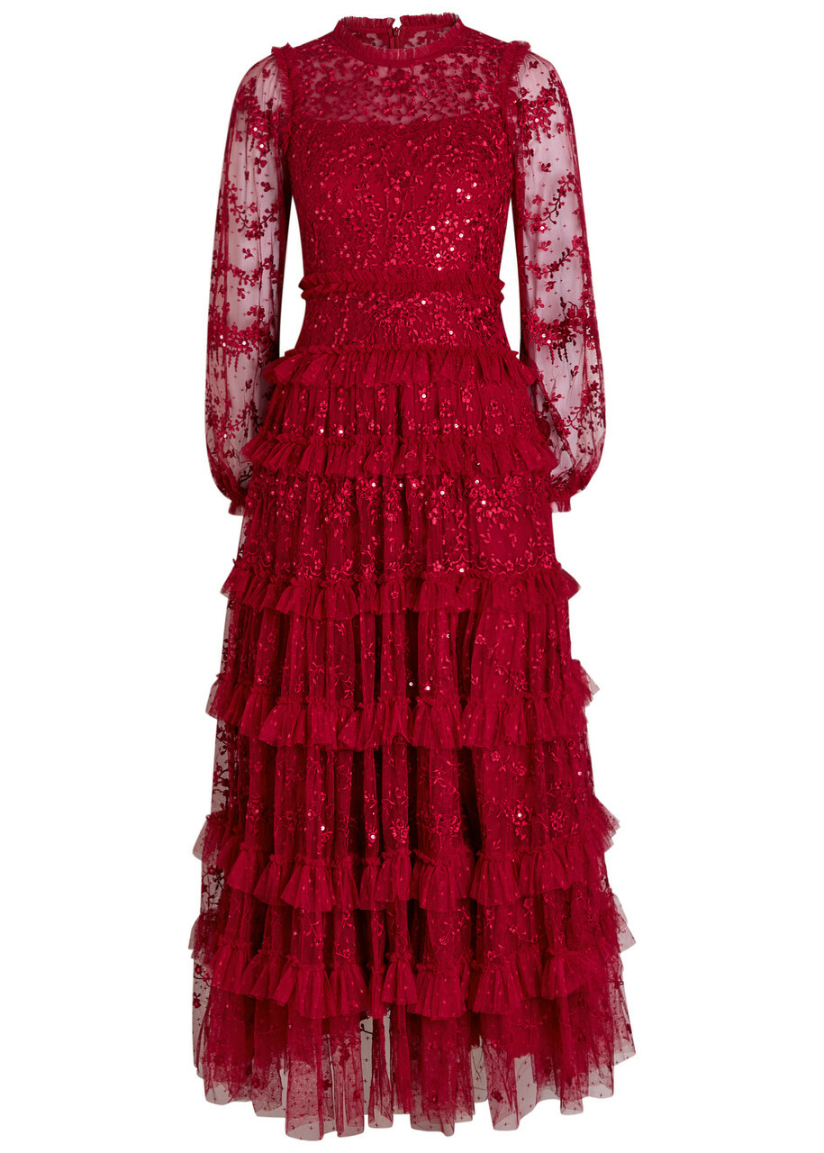 Needle & Thread Blossom Lace Floral Sequin-embellished Tulle Gown Red