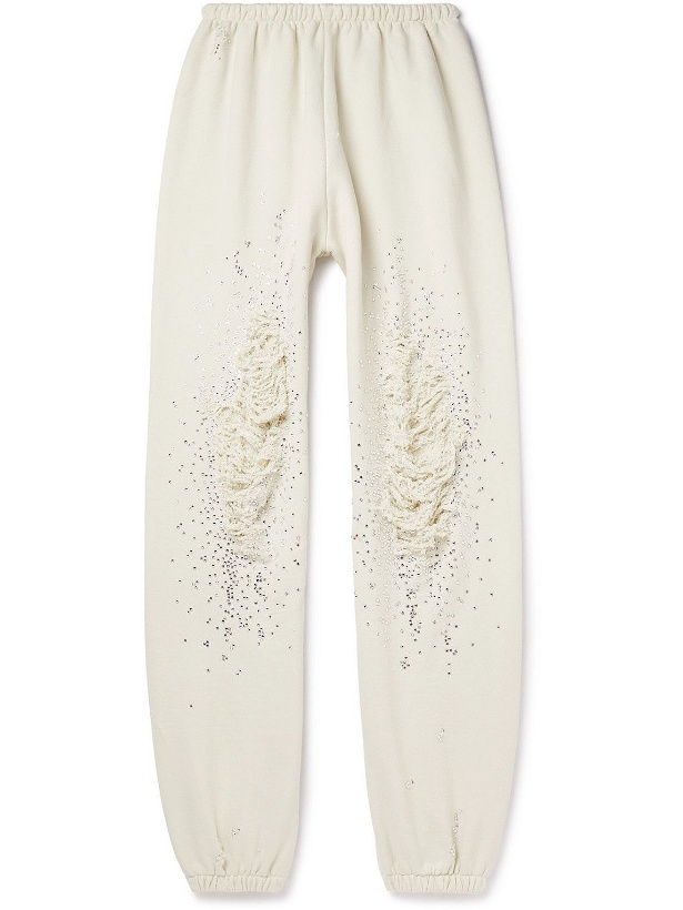 Photo: Liberal Youth Ministry - Tapered Crystal-Embellished Distressed Cotton-Jersey Sweatpants - Neutrals