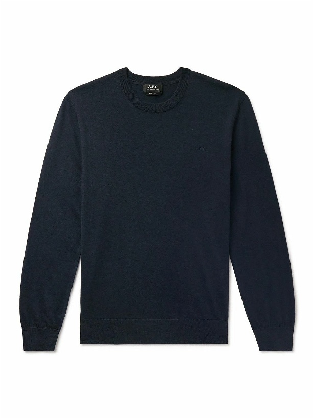 Photo: A.P.C. - Julio Logo-Embroidered Cotton and Cashmere-Blend Sweater - Blue