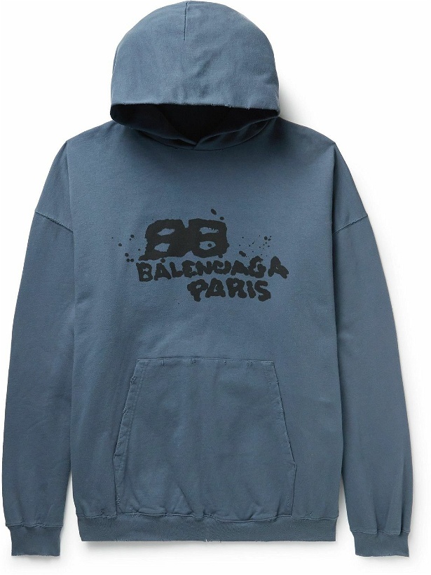 Photo: Balenciaga - Oversized Distressed Logo-Print Cotton Hoodie - Blue