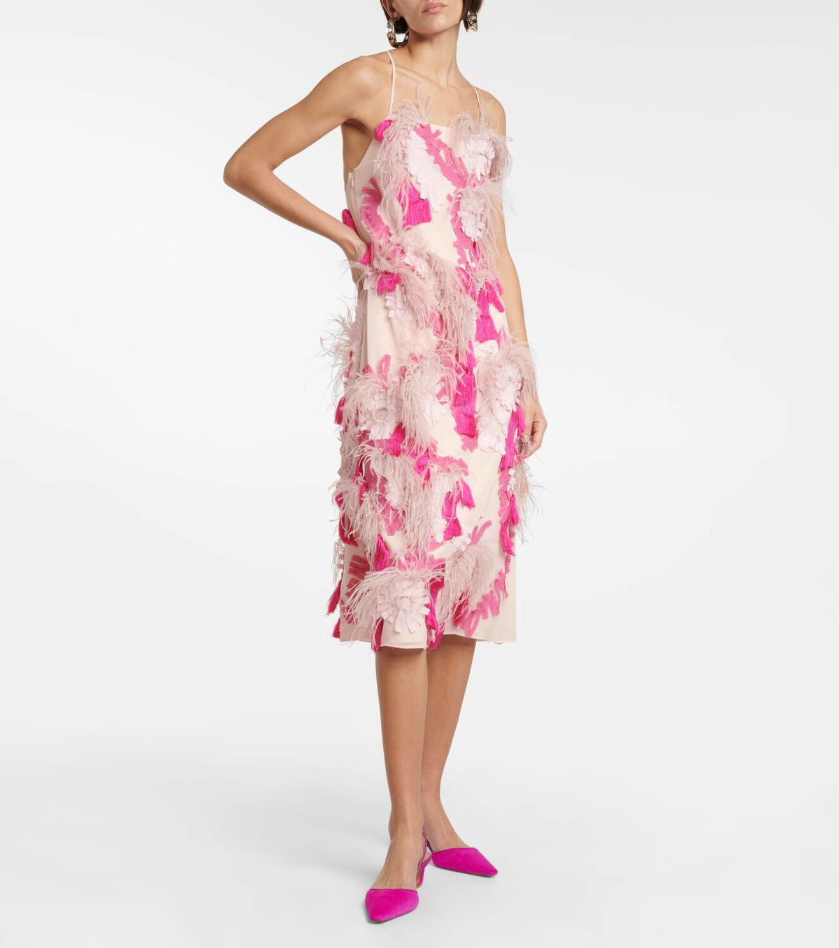 knee length dresses for ladies Mac Duggal Pink Embroidered Sleeveless Feather Detail Midi Dress Pink Size 6