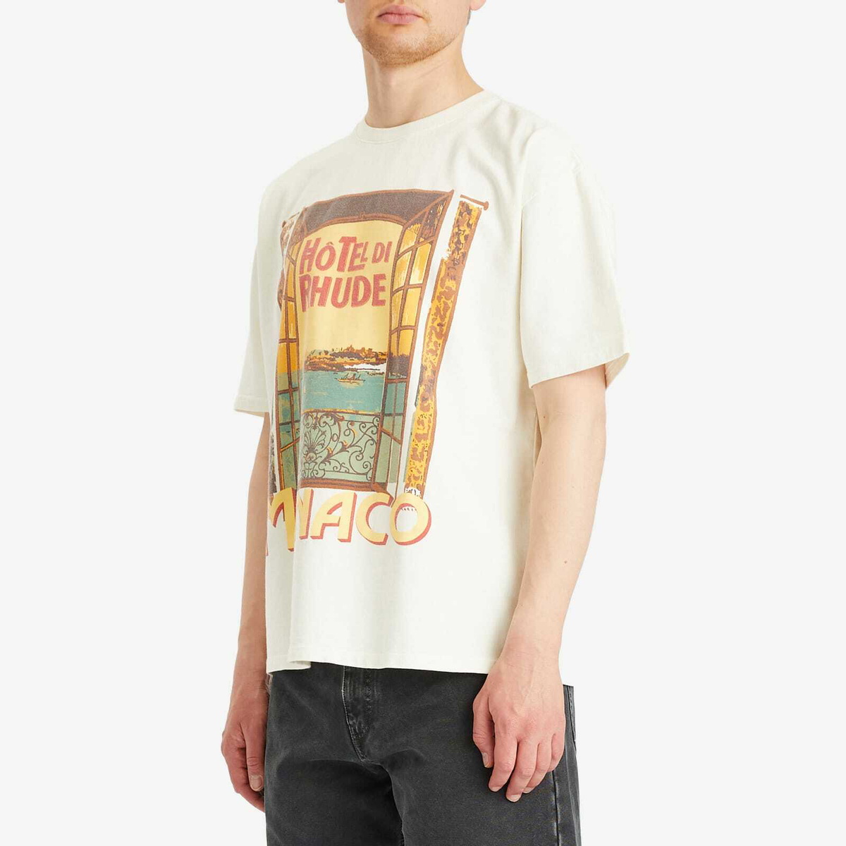 【関税込み】Rhude オフホワイト Hotel Di Monaco Tシャツ Rhude Men's Hotel Di Monaco T-Shirt in Vintage White Rhude