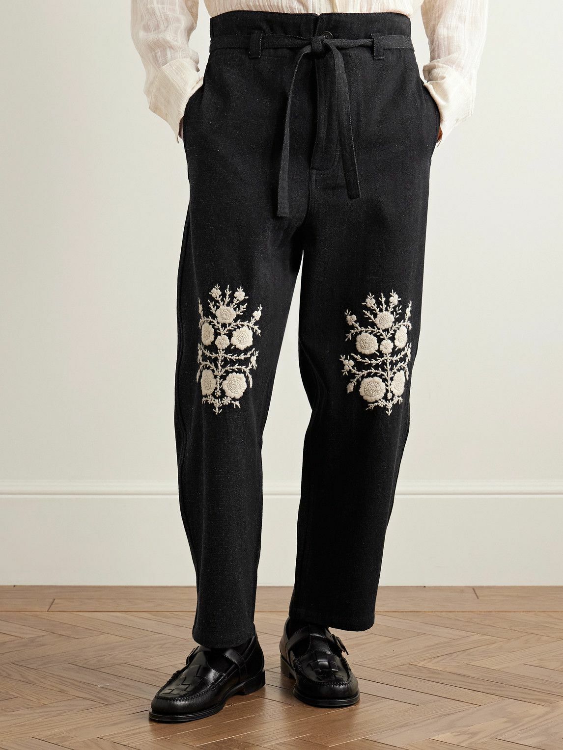 Kartik Research - Fauji Belted Embroidered Cotton-Twill Trousers - Black