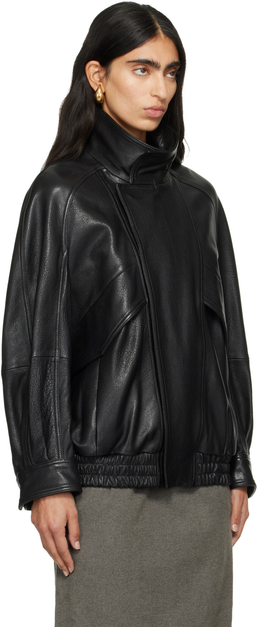 Nour Hammour Black Ariste Funnel Leather Bomber Jacket