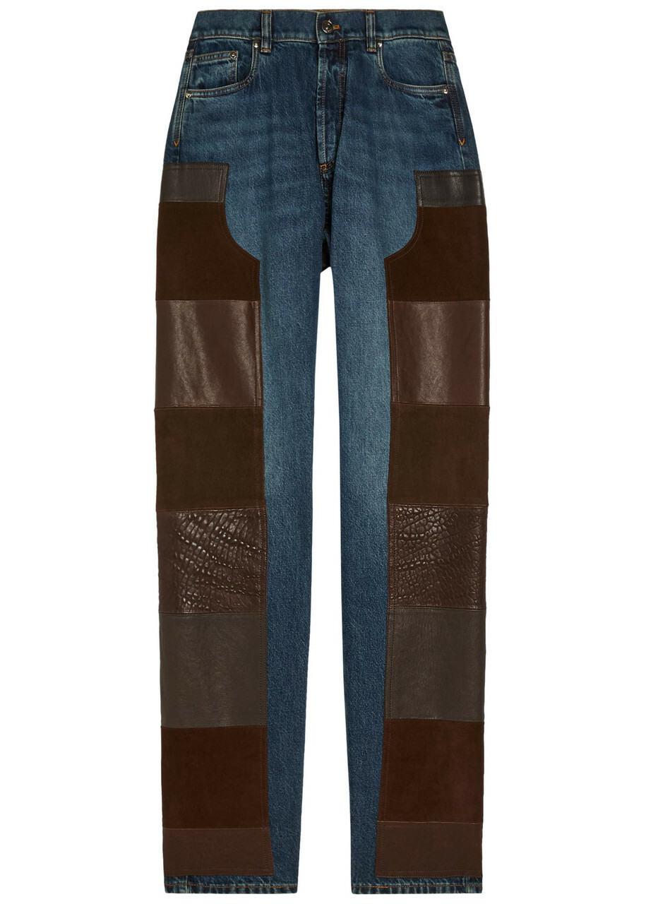 Versace Leather and Suede Patchwork Straight-leg Jeans Blue