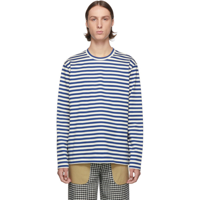 わた Junya Watanabe Blue and White Striped Long Sleeve T-Shirt