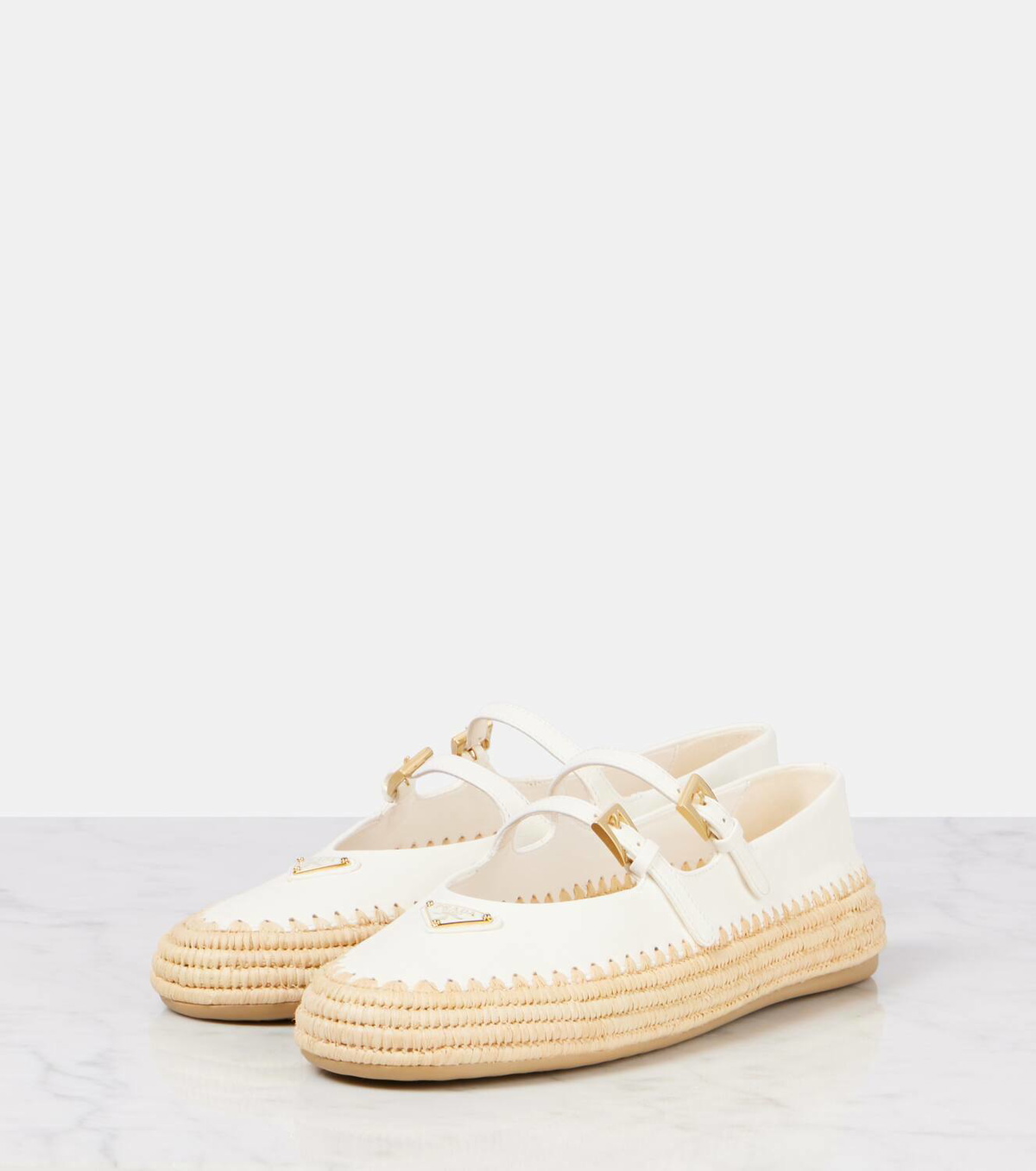 Prada Leather and raffia Mary Jane flats