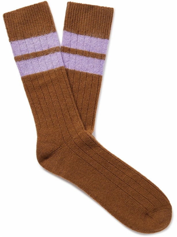 Photo: ZEGNA x The Elder Statesman - Striped Ribbed Stretch Cashmere-Blend Socks - Brown