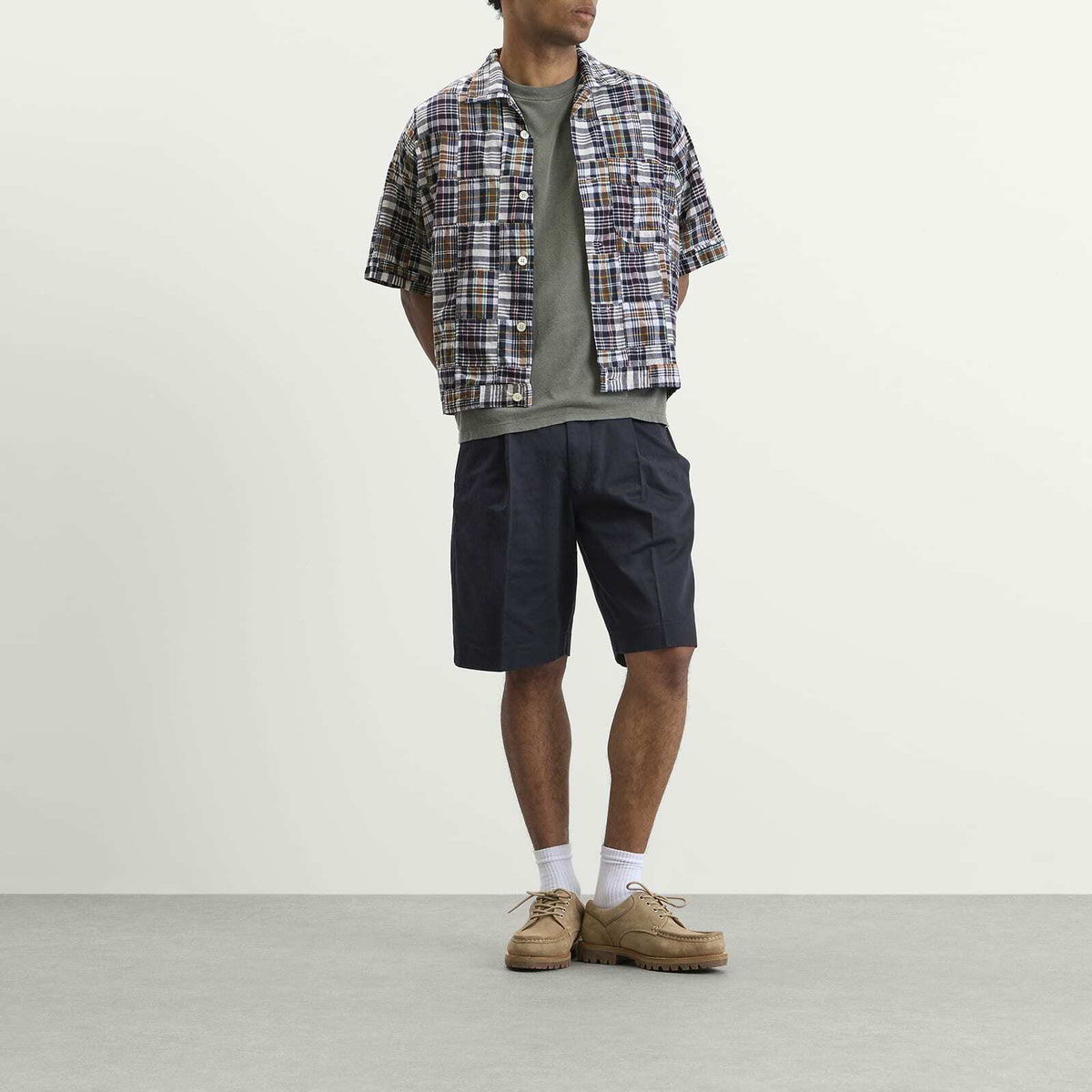 Beams Plus Men's Patchwork Madras Cabana Shirt in Navy