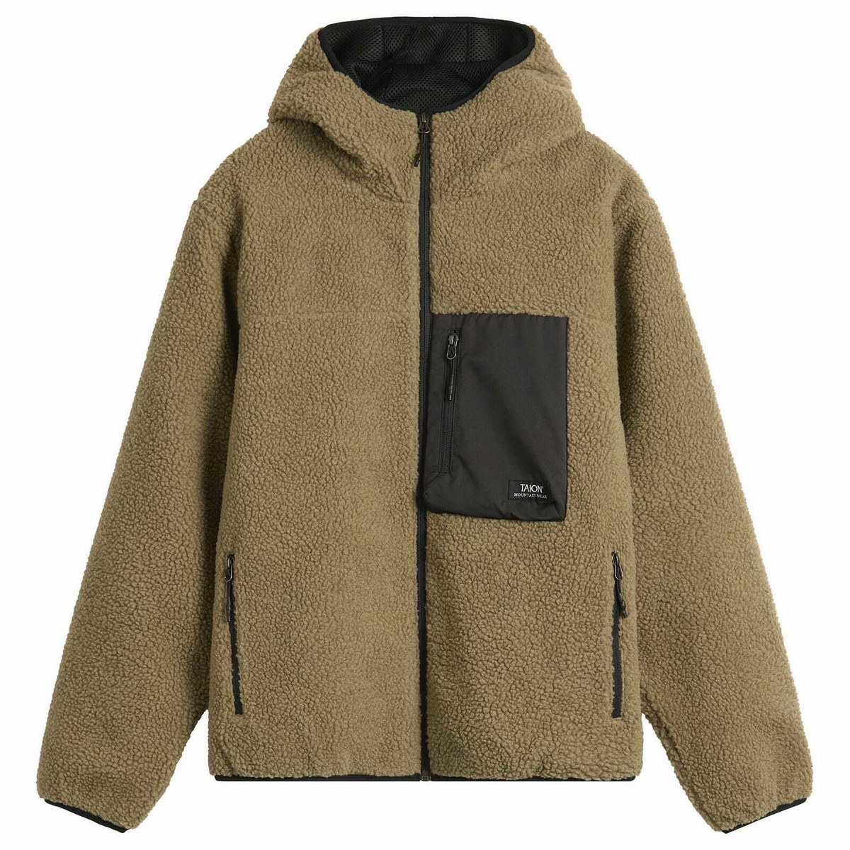 Taion Men's Mountain Boa Hooded Fleece Jacket in Dark Beige/Black
