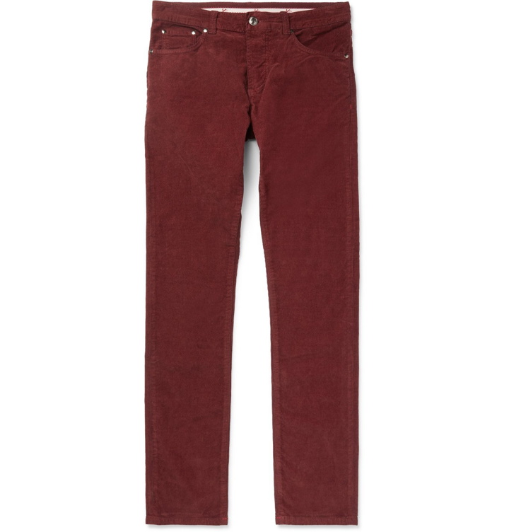 Photo: Isaia - Skinny-Fit Stretch Cotton-Corduroy Trousers - Burgundy