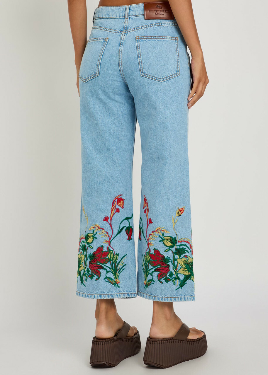 Etro Floral-embroidered Cropped Straight-leg Jeans Blue