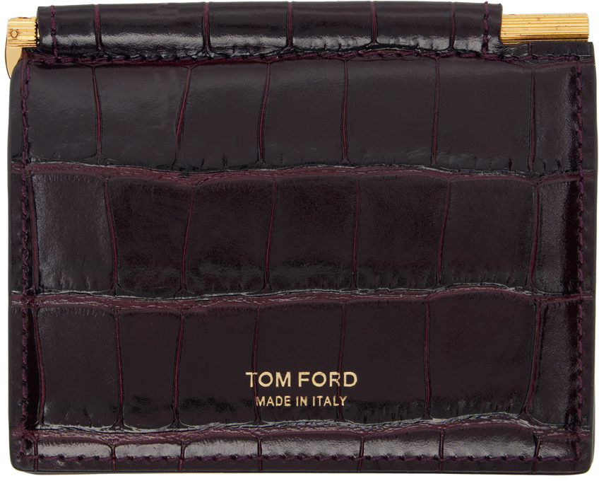 TOM FORD Burgundy Shiny Croc Folding Money Clip Card Holder TOM FORD