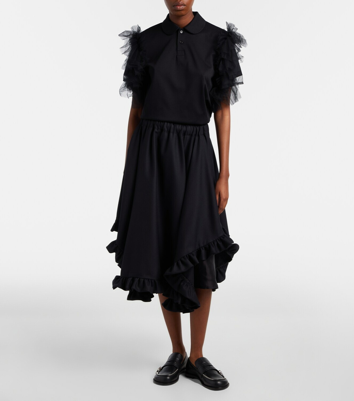 Noir Kei Ninomiya Tulle-trimmed cotton polo shirt