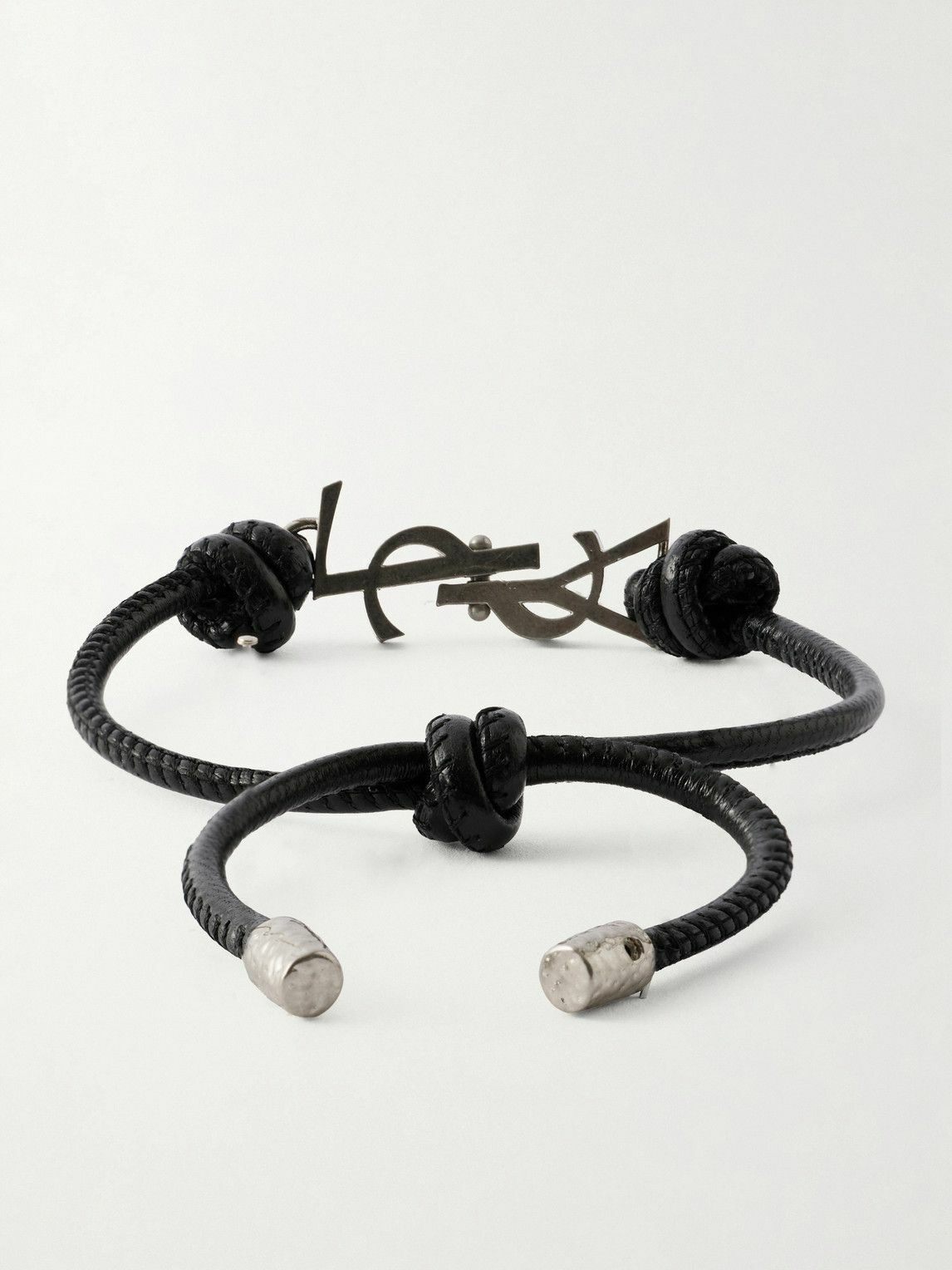 SAINT LAURENT - Silver-Tone and Leather Bracelet - Black