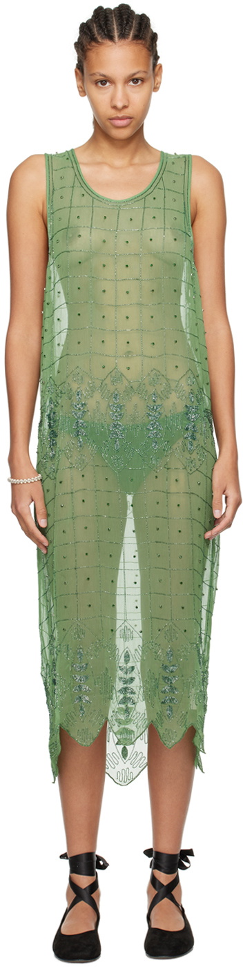 Bode Green Grid Vine Midi Dress