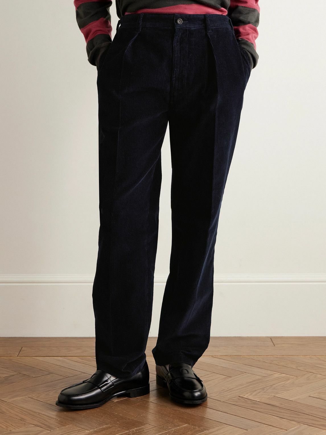 Drake's - Games Tapered Pleated Cotton-Corduroy Trousers - Blue
