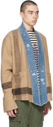 Greg Lauren Tan Boxy Striped Blanket Cardigan