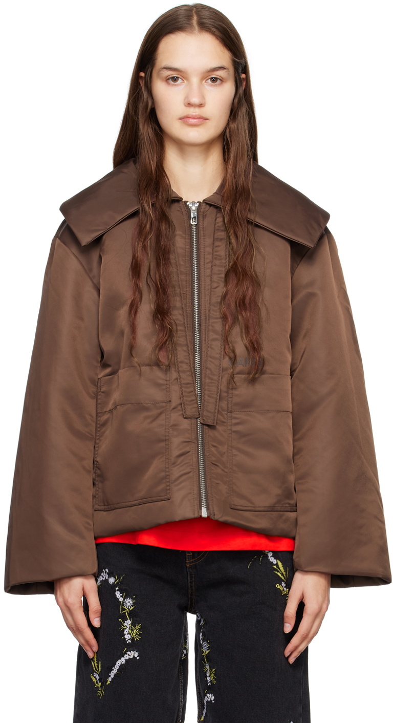 関税送料込♪GANNI/Nylon Big Collar Jacket GANNI Brown Big Collar Jacket GANNI