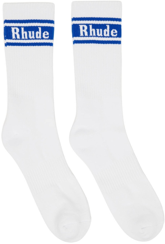 Photo: Rhude White & Blue Stripe Logo Socks