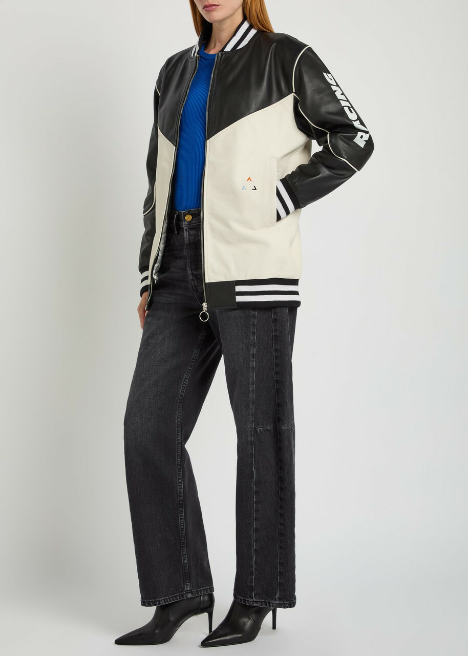 AN-Y1 Racing Quilted Colour-blocked Leather Bomber Jacket Black And White