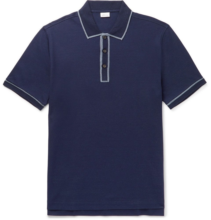 Photo: Brioni - Contrast-Tipped Mercerised Cotton-Piqué Polo Shirt - Navy