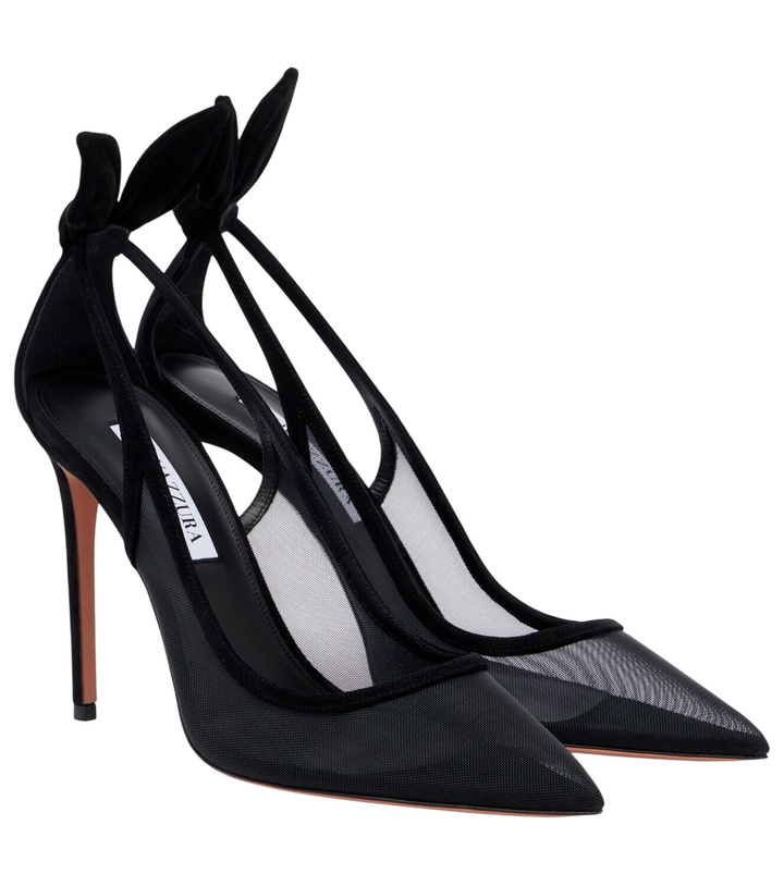 Photo: Aquazzura Bow Tie suede-trimmed mesh pumps