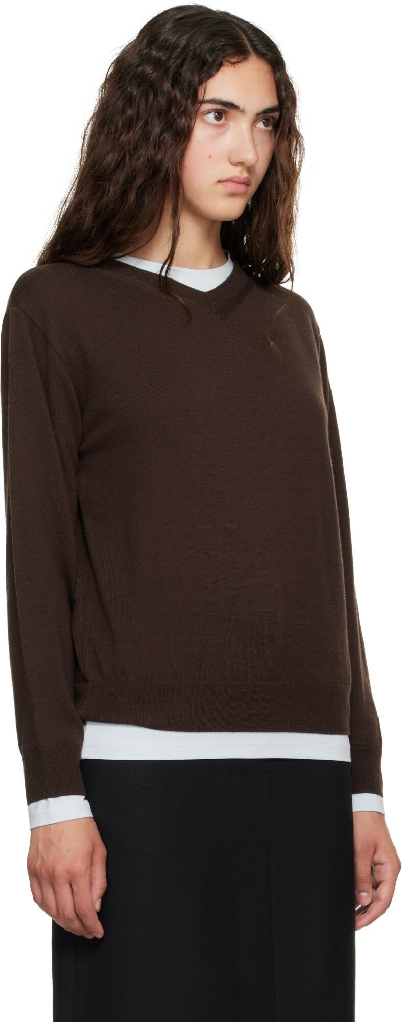 TONYWACK Brown Superfine Wool Layered V-Neck Sweater