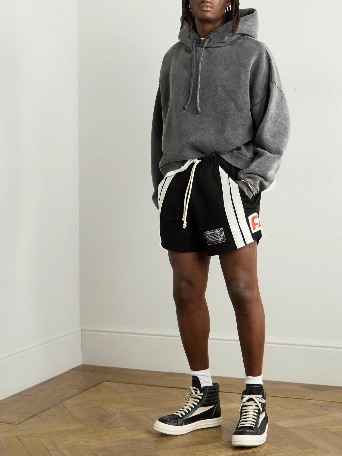 RRR123 - Trappist Straight-Leg Logo-Appliquéd Cotton-Canvas Drawstring Shorts - Black