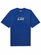 Central Bookings Intl™️ - Chrome Network Garment-Dyed Logo-Print Cotton-Jersey T-Shirt - Blue