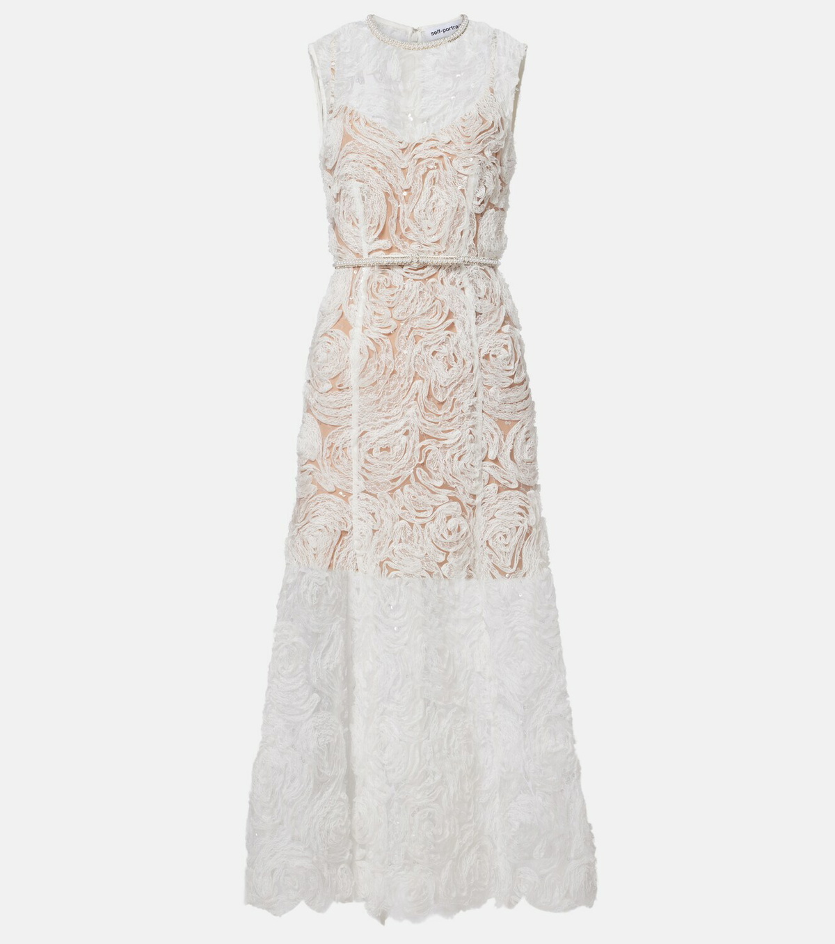 Self-Portrait Embellished lace-trimmed tulle midi dress