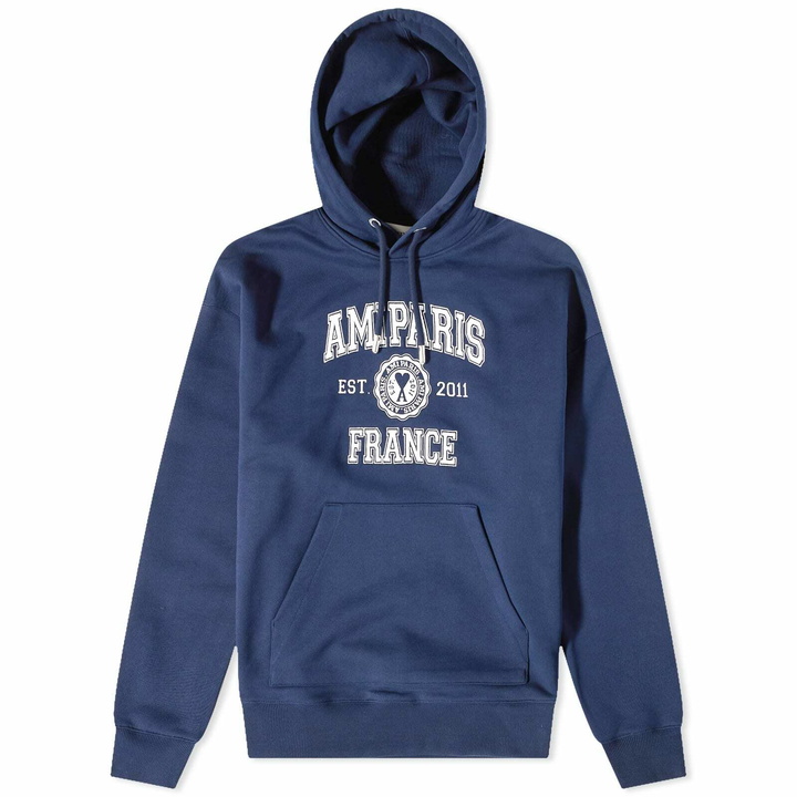 Photo: AMI Men's Paris Varsity Logo Popover Hoody in Nautic Blue