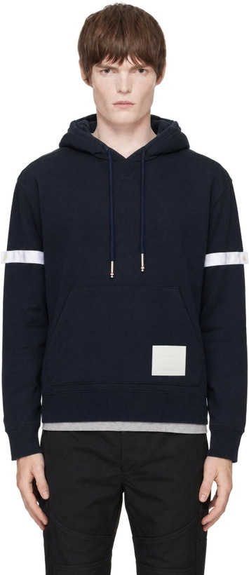 Photo: Thom Browne Navy Loopback Jersey Armband Oversized Hoodie