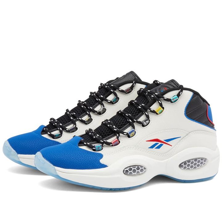 Photo: Reebok Men's Question Mid Sneakers in Chalk/Core Black/Vector Blue