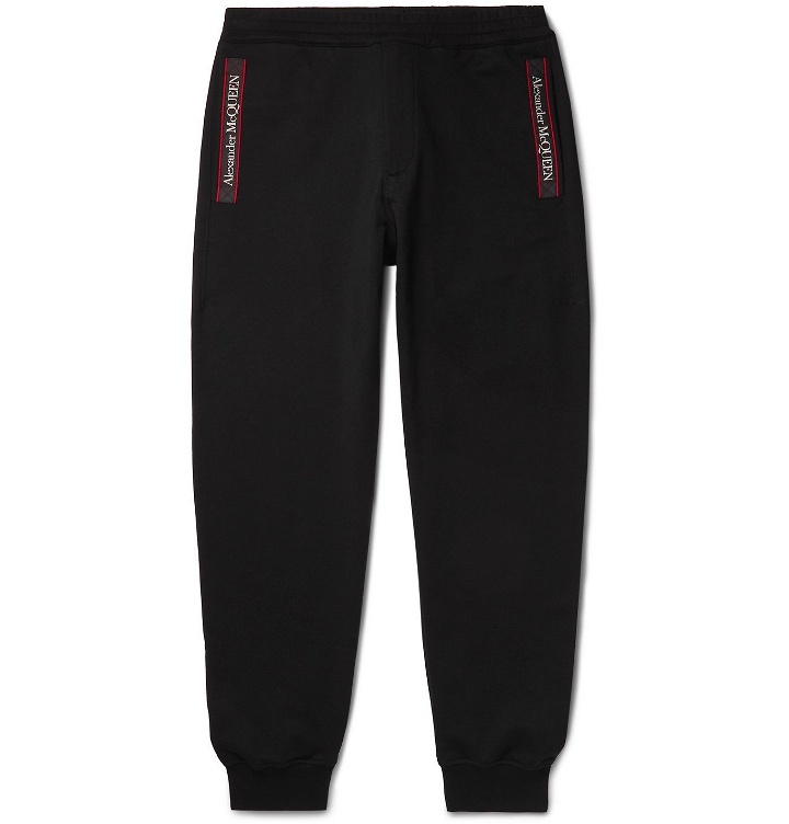 Photo: ALEXANDER MCQUEEN - Tapered Logo-Print Webbing-Trimmed Loopback Cotton-Jersey Sweatpants - Black