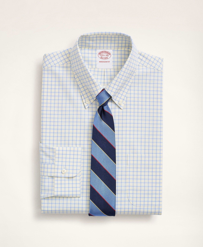 Photo: Brooks Brothers Men's Stretch Madison Relaxed-Fit Dress Shirt, Non-Iron Poplin Button-Down Collar Grid Check | Yellow/Blue