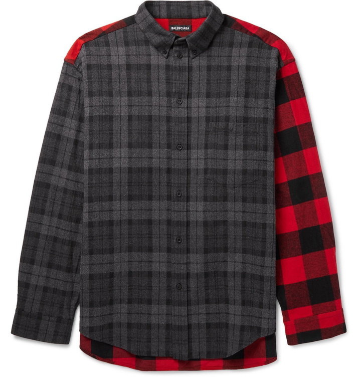 Photo: BALENCIAGA - Button-Down Collar Panelled Checked Cotton-Flannel Shirt - Multi