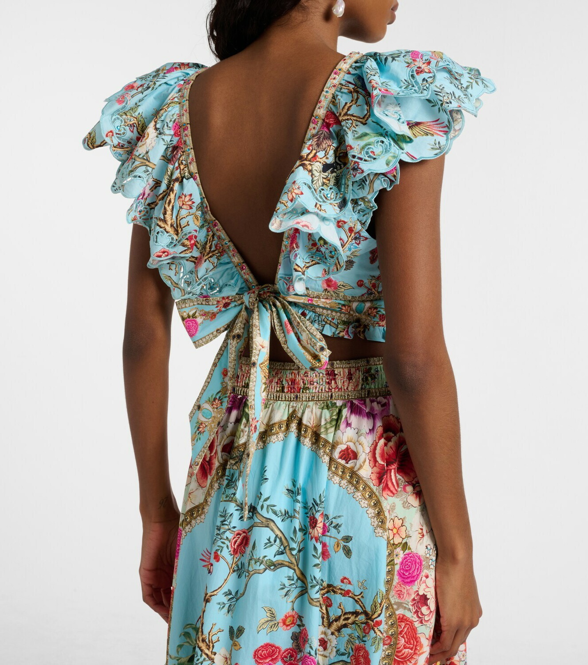 Camilla Embellished floral cotton poplin crop top